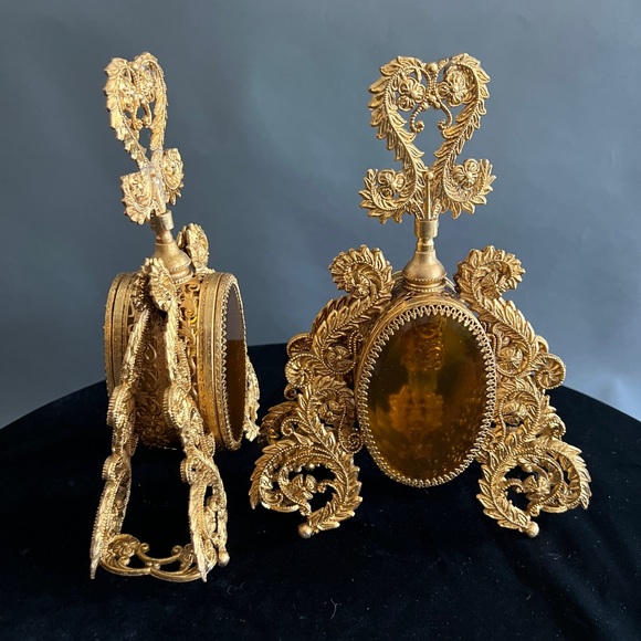 Vintage Perfume Bottle Gold Ormolu Filigree Amber Glass Hollywood Regency￼￼ - Picture 5 of 10